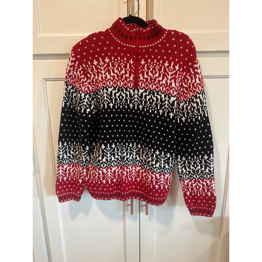 Coldwater Creek VTG Red White Fair Isle Snowflake Quarter Zip Sweater M tally ho